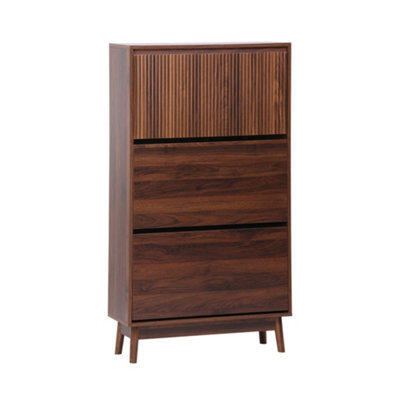 Sweeek - Wood 3-Door Shoe Cabinet Scandinavian Walnut Storage Capacity For 18 Pairs Of Shoes 75X25X131 Cm - Linear Sweeek - image 1