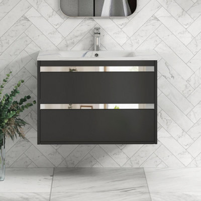Royal Bathrooms Orion 800mm Matt Obsidian Black 2 Drawer Wall Hung Vanity Unit With Carrara White Basin & Chrome Accent Trim - image 1