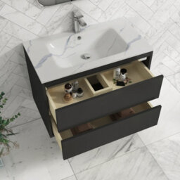 Royal Bathrooms Orion 800mm Matt Obsidian Black 2 Drawer Wall Hung Vanity Unit With Carrara White Basin & Chrome Accent Trim - thumbnail 4