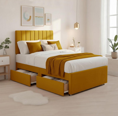 "3Ft Luxury Mink Plush Divan Single Bed Frame With Mattress, 20"" Vertical Line Headboard, Bed With 2 Storage Drawers" - image 1