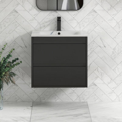 Royal Bathrooms Orion 600mm Matt Obsidian Black 2 Drawer Wall Hung Vanity Unit With Carrara White Basin & Black Accent Trim - image 1