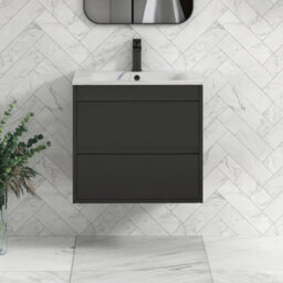 Royal Bathrooms Orion 600mm Matt Obsidian Black 2 Drawer Wall Hung Vanity Unit With Carrara White Basin & Black Accent Trim - thumbnail 1