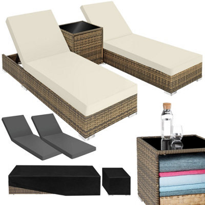 Tectake 2 Rattan Lounge Chairs With Aluminum Frames And A Table, Including Protective Covers - Nature - image 1