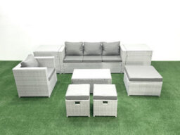 Fimous 8 Pieces Rattan Garden Furniture Set Outdoor Garden Sofa Chair Coffee Table Set 2 Side Tables 3 Stools Light Grey - thumbnail 1