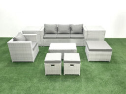 Fimous 8 Pieces Rattan Garden Furniture Set Outdoor Garden Sofa Chair Coffee Table Set 2 Side Tables 3 Stools Light Grey - thumbnail 2