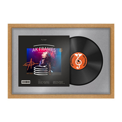 "AK Frames 25X17"" Oak Modern Vinyl Record Frame With Mid Grey Mount For 12 Inch Lp Cover & Disc - Overlapped Design" - image 1