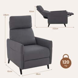 Gainoom Dark Grey Push Back Recliner Chair Linen Fabric Reclining Armchair - thumbnail 2
