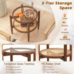 2-Tier Round Side End Table Pe Rattan Coffee Table Set Of 2-Brown - thumbnail 6