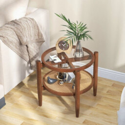 2-Tier Round Side End Table Pe Rattan Coffee Table Set Of 2-Brown - thumbnail 3