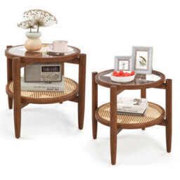 2-Tier Round Side End Table Pe Rattan Coffee Table Set Of 2-Brown - thumbnail 1