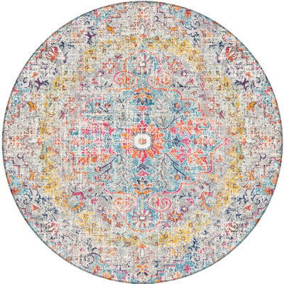 Livabliss Round Harput-Vintage Blue Orange Yellow Grey Traditional Boho Living Dining Bedroom Rug 160 X 160 Cm Easy Care, Non Shedding - image 1