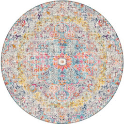 Livabliss Round Harput-Vintage Blue Orange Yellow Grey Traditional Boho Living Dining Bedroom Rug 160 X 160 Cm Easy Care, Non Shedding