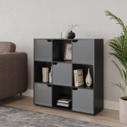 Urbn-Living Urbnliving 9 Cube Black Wooden Bookcase Shelving Display Shelves Storage Unit Wood Shelf Grey Door - thumbnail 3
