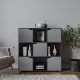 Urbn-Living Urbnliving 9 Cube Black Wooden Bookcase Shelving Display Shelves Storage Unit Wood Shelf Grey Door - thumbnail 2