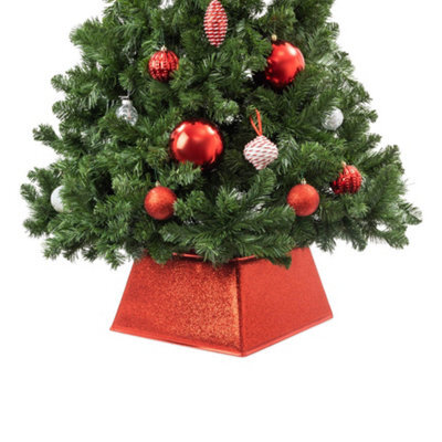 Christmas Village Red Glitter Square Christmas Tree Skirt 48X48Cm Durable Polyester W/ Velcro Assembly Collapsible Holiday Decor - image 1