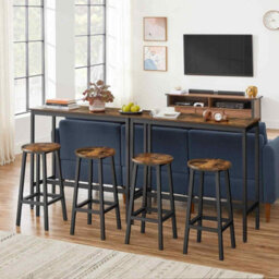 Breakfast Bar Table Set With 2 Round Stools, Industrial Dining Table And Chairs, Steel Frame, Rustic Brown And Ink Black - thumbnail 3