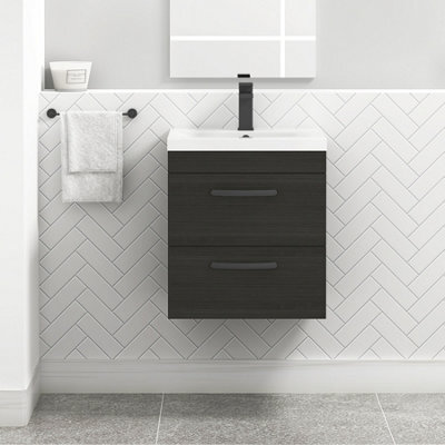 Royal Bathrooms Turin Hale Black 500mm Wall Hung Vanity Unit 2 Drawer With Mid-Edge Basin Sink & Matt Black Handles - image 1