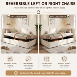 Abrihome Beige Velvet 3Ft Ottoman Daybed With Hydraulic Storage & Reversible Chaise, 90X190Cm - thumbnail 3