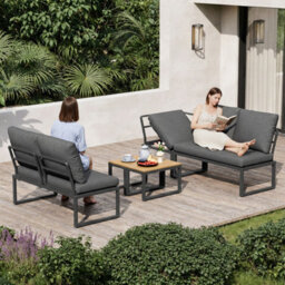 Matteo Grey Modular 4-5 Seater Garden Sofa Set With Adjustable Chair & Plastic Wood Tables - Weather-Resistant Outdoor Patio Furniture - thumbnail 4