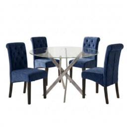 Oira Homes Modern 4 Seater Dining Table Set With Round Glass Dining Table And 4 Blue Velvet Chairs - thumbnail 1