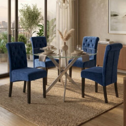 Oira Homes Modern 4 Seater Dining Table Set With Round Glass Dining Table And 4 Blue Velvet Chairs - thumbnail 2