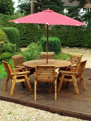 Charles Taylor 6 Seater Wooden Round Dining Table & Chairs Set Red Cushion - image 1