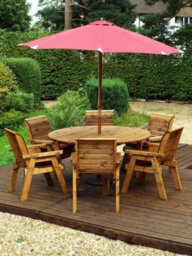 Charles Taylor 6 Seater Wooden Round Dining Table & Chairs Set Red Cushion - thumbnail 2