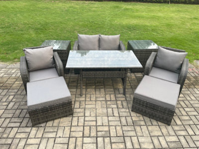 Fimous Rattan Outdoor Garden Furniture Set Rectangular Dining Table And Chair Sofa Set With 2 Side Tables For Terrace - image 1