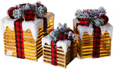 Netagon Set Of 3 Under Christmas Tree Festive Battery Operated Led Light Up Presents Gift Boxes- Red Tartan - image 1