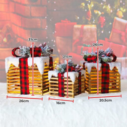 Netagon Set Of 3 Under Christmas Tree Festive Battery Operated Led Light Up Presents Gift Boxes- Red Tartan - thumbnail 2