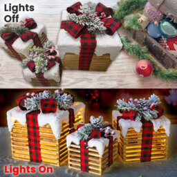 Netagon Set Of 3 Under Christmas Tree Festive Battery Operated Led Light Up Presents Gift Boxes- Red Tartan - thumbnail 6