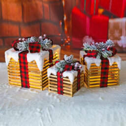 Netagon Set Of 3 Under Christmas Tree Festive Battery Operated Led Light Up Presents Gift Boxes- Red Tartan - thumbnail 3