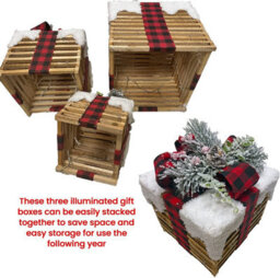 Netagon Set Of 3 Under Christmas Tree Festive Battery Operated Led Light Up Presents Gift Boxes- Red Tartan - thumbnail 4