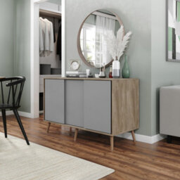Urbn-Living Urbnliving 3-Door Sliding Cabinet Sideboard Oak Carcass With Grey Doors Storage Organiser Home Cupboard Pine Wooden Legs - thumbnail 2