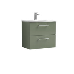 Balterley  Modern Bathroom 2 Soft Close Drawer Wall Hung Vanity Unit & Curved Basin, Satin Green, 600 mm - thumbnail 1