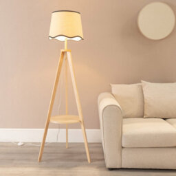 Valuelights Morrigan Natural Wood Shelf Tripod Floor Lamp With Black Trim Scallop Shade And Bulb