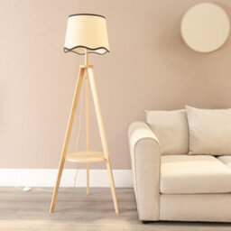 Valuelights Morrigan Natural Wood Shelf Tripod Floor Lamp With Black Trim Scallop Shade And Bulb - thumbnail 3