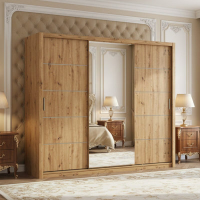 Large Bono Sz250 Artisan Oak Wardrobe With Sliding Doors And Mirror Stylish Practical Bedroom Storage - image 1