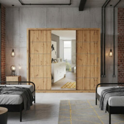 Large Bono Sz250 Artisan Oak Wardrobe With Sliding Doors And Mirror Stylish Practical Bedroom Storage - thumbnail 2