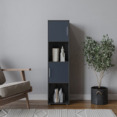 Urbn-Living Urbnliving 119Cm Height 4 Cube Bookcase Black Wooden Grey Door Metal Handle Display Storage Shelf - image 1