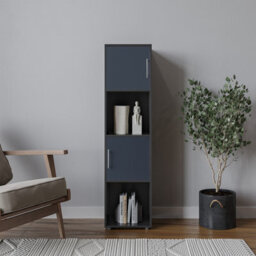 Urbn-Living Urbnliving 119Cm Height 4 Cube Bookcase Black Wooden Grey Door Metal Handle Display Storage Shelf