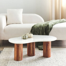 Beliani Oval Marble Top Coffee Table 90 X 45 Cm, Acacia Wood Legs - thumbnail 2