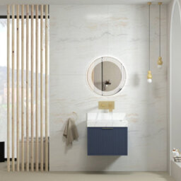 Royal Bathrooms Florina 600mm Navy Blue Wall Hung Bathroom Vanity Cabinet Unit With Carrara White Top & Brushed Brass Handle - thumbnail 3
