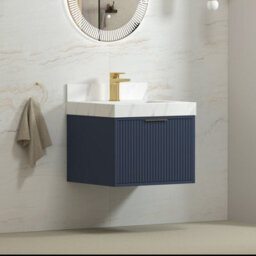 Royal Bathrooms Florina 600mm Navy Blue Wall Hung Bathroom Vanity Cabinet Unit With Carrara White Top & Brushed Brass Handle