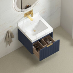 Royal Bathrooms Florina 600mm Navy Blue Wall Hung Bathroom Vanity Cabinet Unit With Carrara White Top & Brushed Brass Handle - thumbnail 4