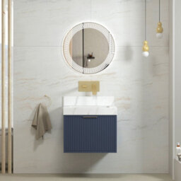 Royal Bathrooms Florina 600mm Navy Blue Wall Hung Bathroom Vanity Cabinet Unit With Carrara White Top & Brushed Brass Handle - thumbnail 5