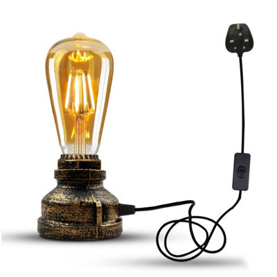 Ledsone Vintage Industrial Table Lamp Retro Water Pipe Style, Metal, E27, On/off Switch, Brushed Copper With Bulb - image 1