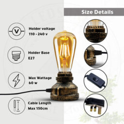 Ledsone Vintage Industrial Table Lamp Retro Water Pipe Style, Metal, E27, On/off Switch, Brushed Copper With Bulb - thumbnail 4