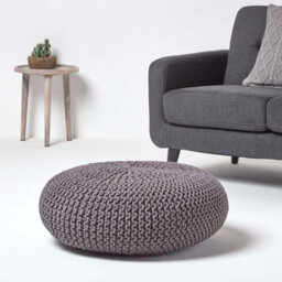 Homescapes Dark Grey Large Round Cotton Knitted Pouffe Footstool - thumbnail 2