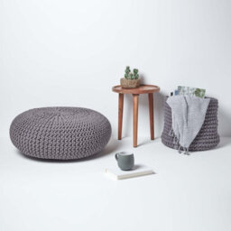 Homescapes Dark Grey Large Round Cotton Knitted Pouffe Footstool - thumbnail 6